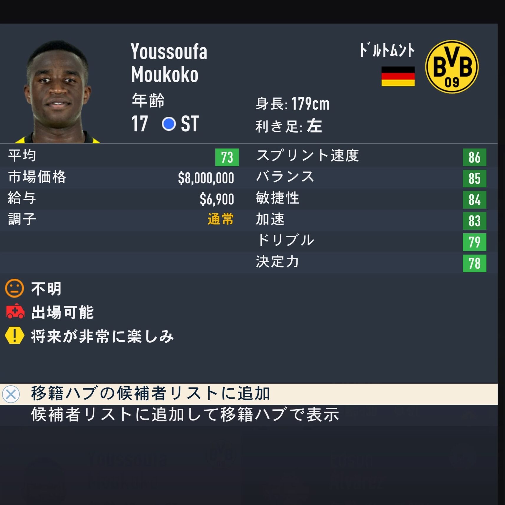 Youssoufa Moukoko　FIFA23簡易ステータス