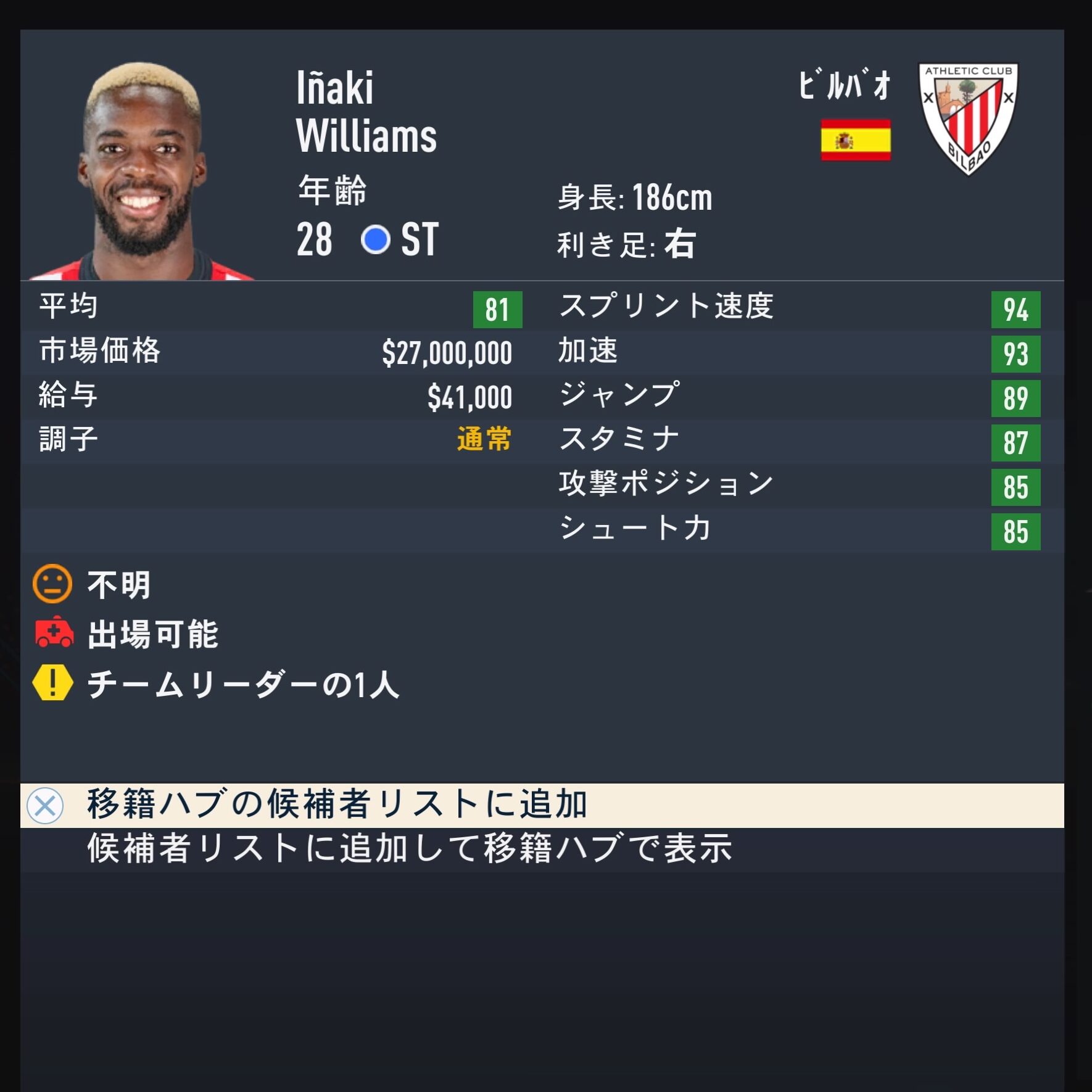 Iñaki Williams　FIFA23簡易ステータス