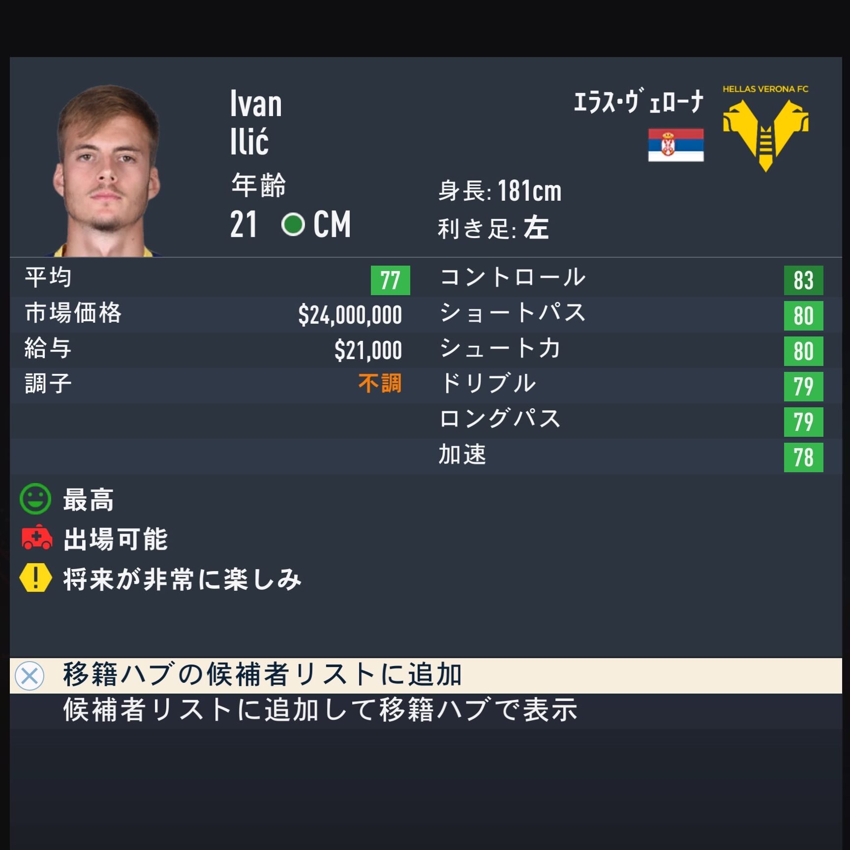 Ivan Ilic　FIFA23簡易ステータス