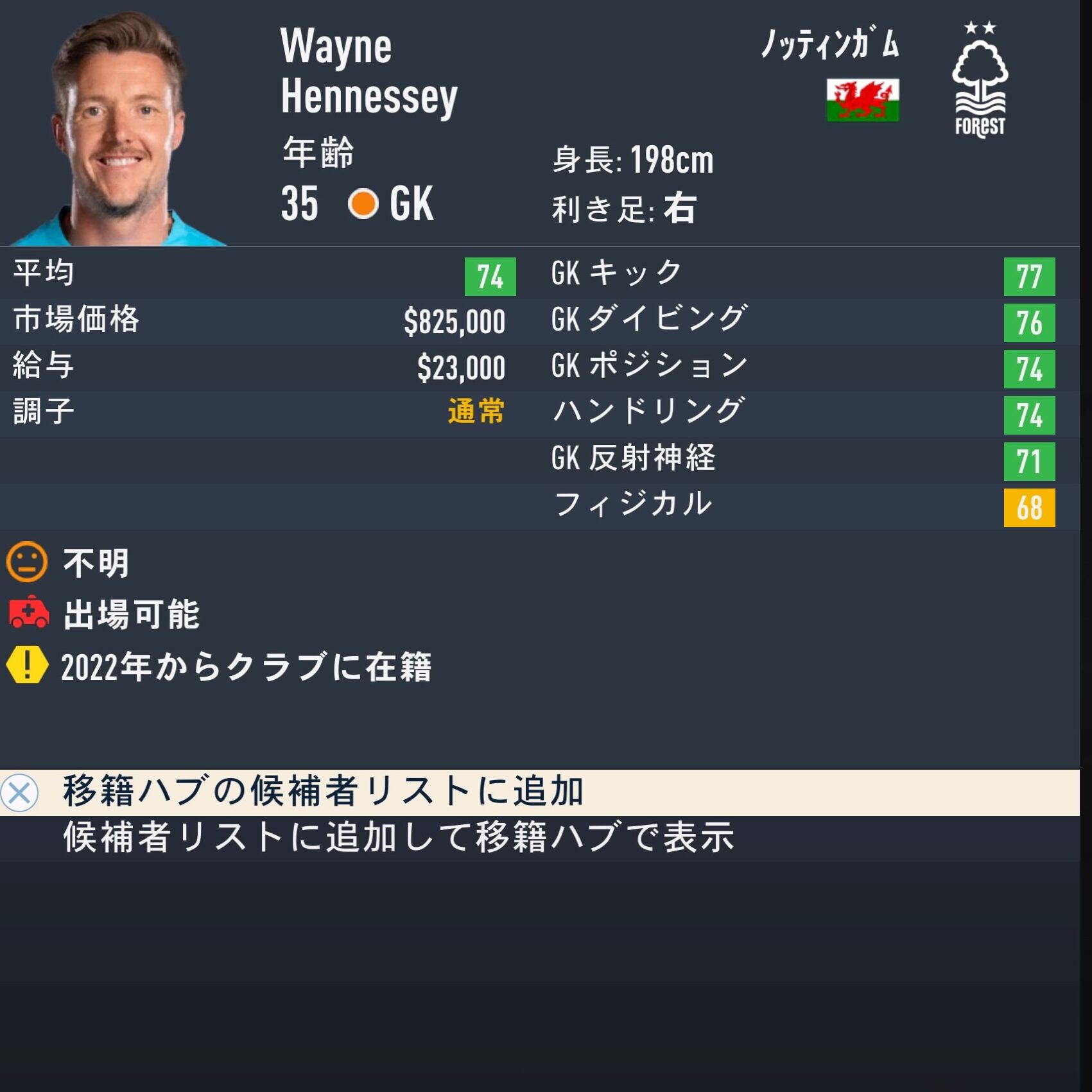 Wayne HENNESSEY　FIFA23簡易ステータス
