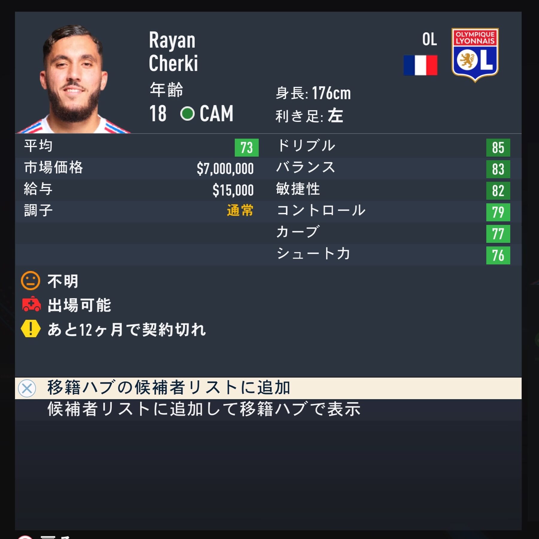 Rayan Cherki　FIFA23簡易ステータス