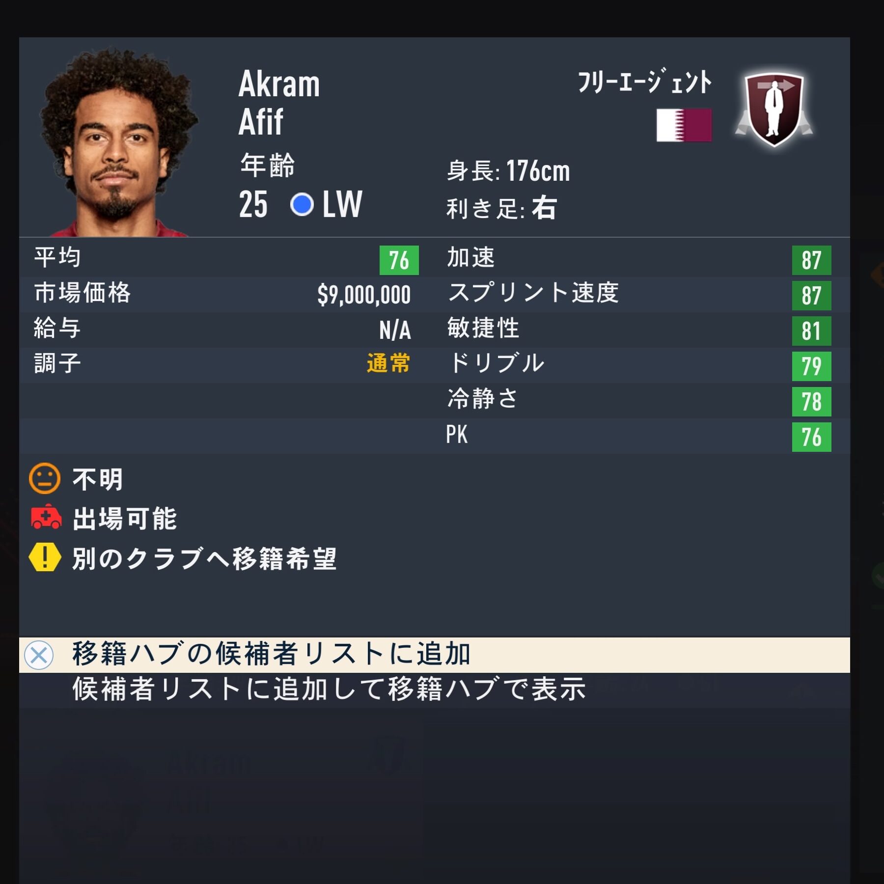 Akram Hassan Afif　FIFA23簡易ステータス