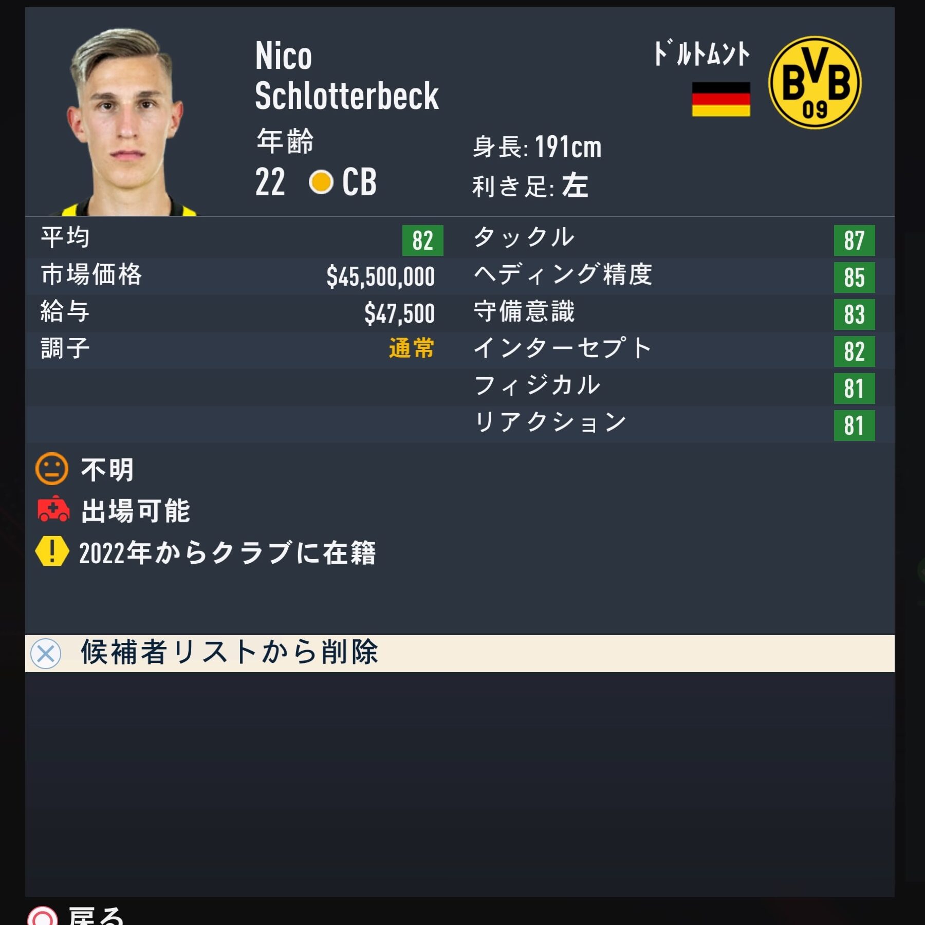 Nico Schlotterbeck　FIFA23簡易ステータス