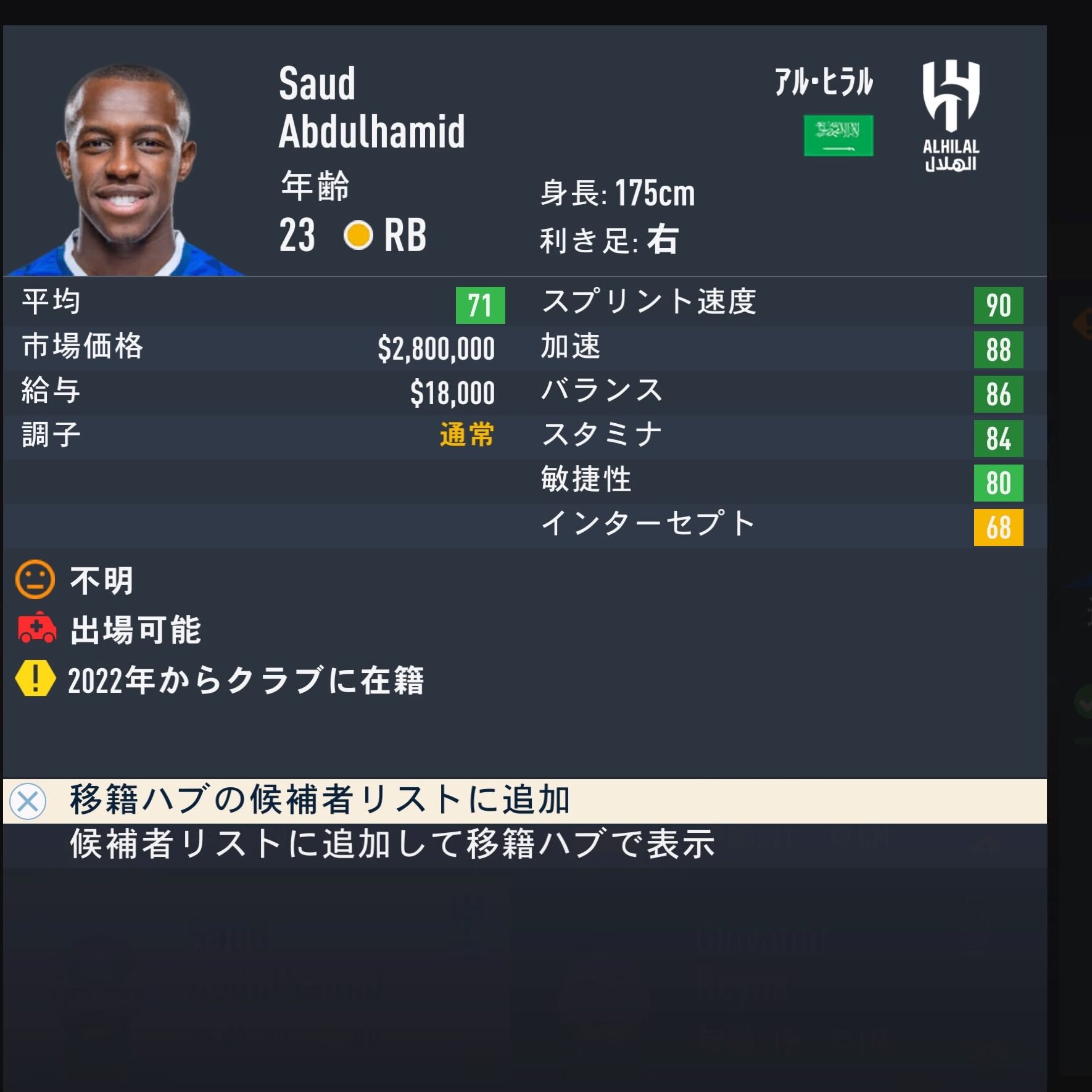 Saud Abdulhamid　FIFA23簡易ステータス