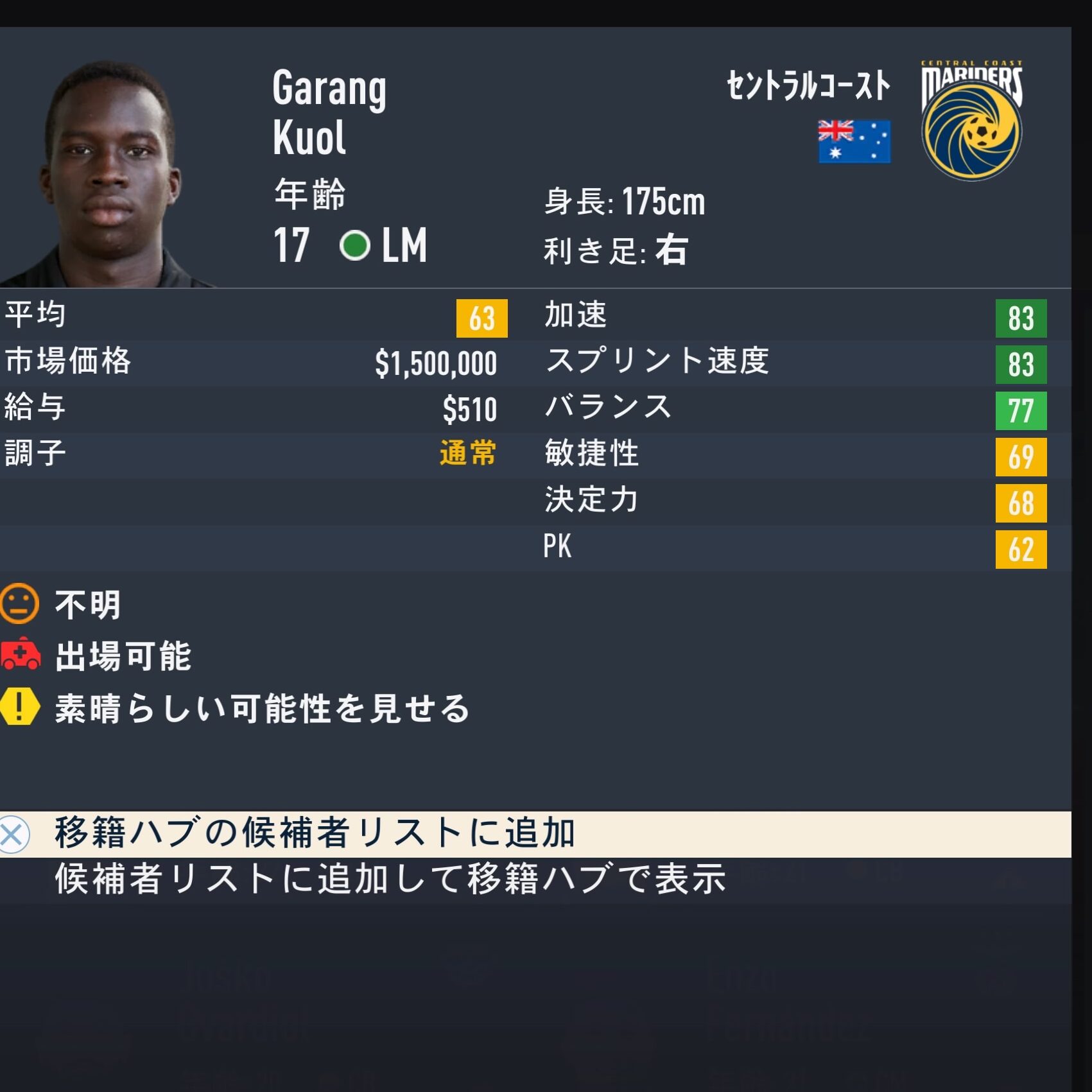 Garang KUOL　FIFA23簡易ステータス