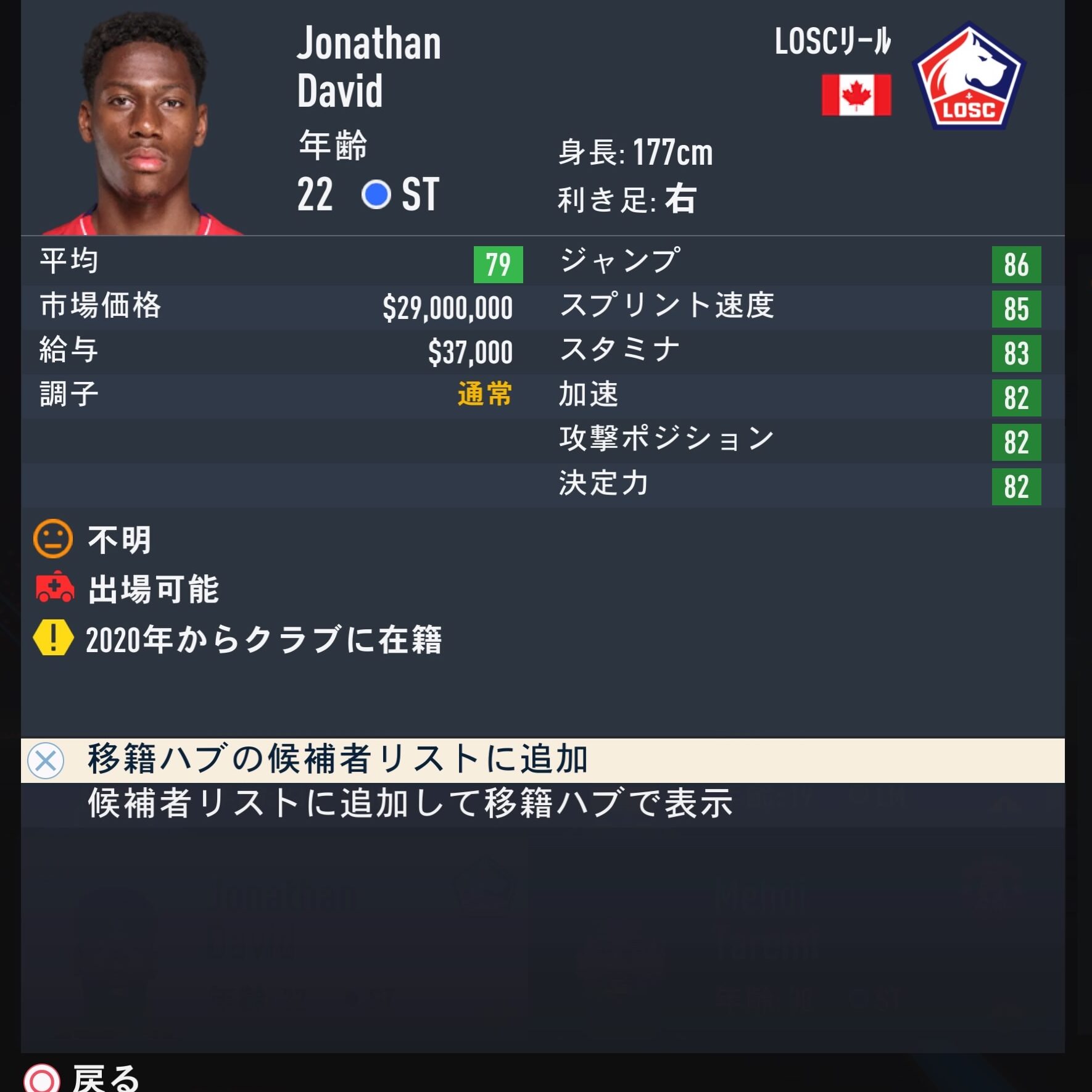 Jonathan David　FIFA23簡易ステータス