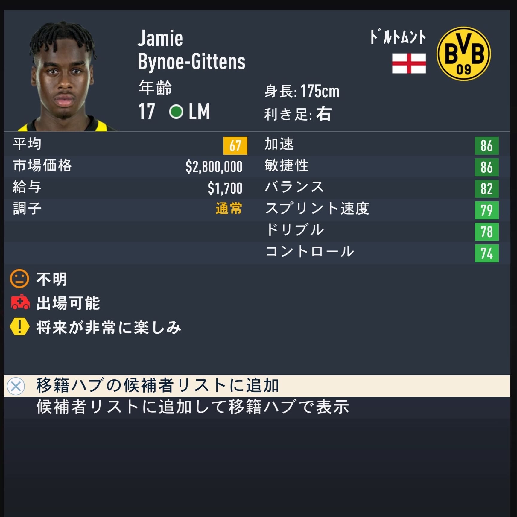 Jamie Bynoe-Gittens　FIFA23簡易ステータス