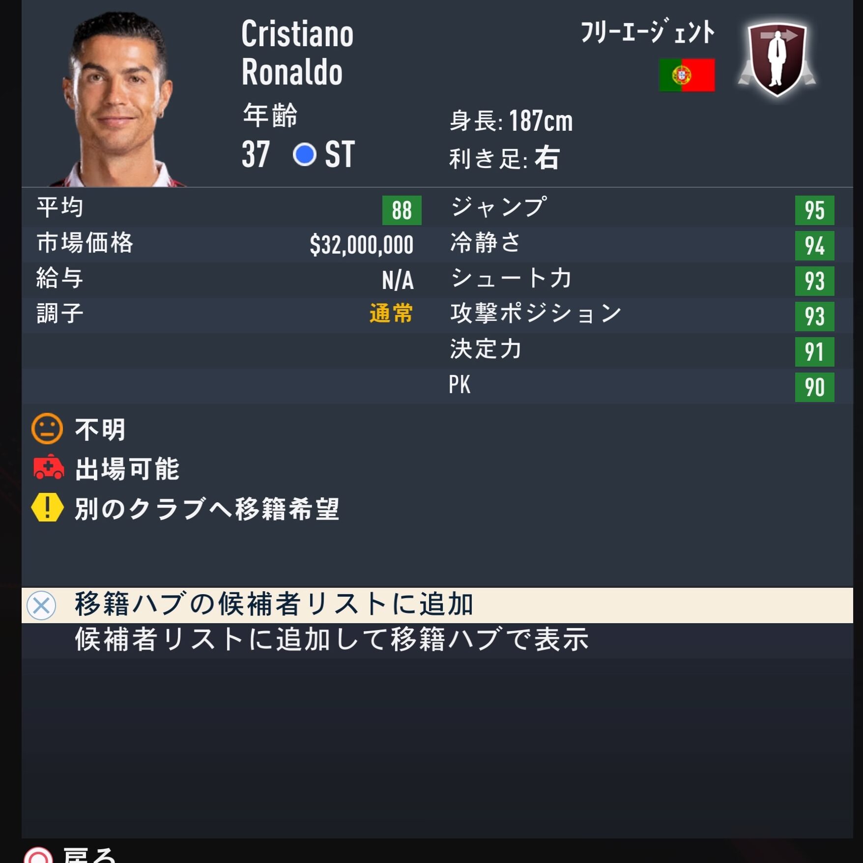 Cristiano RonaldoFIFA23簡易ステータス