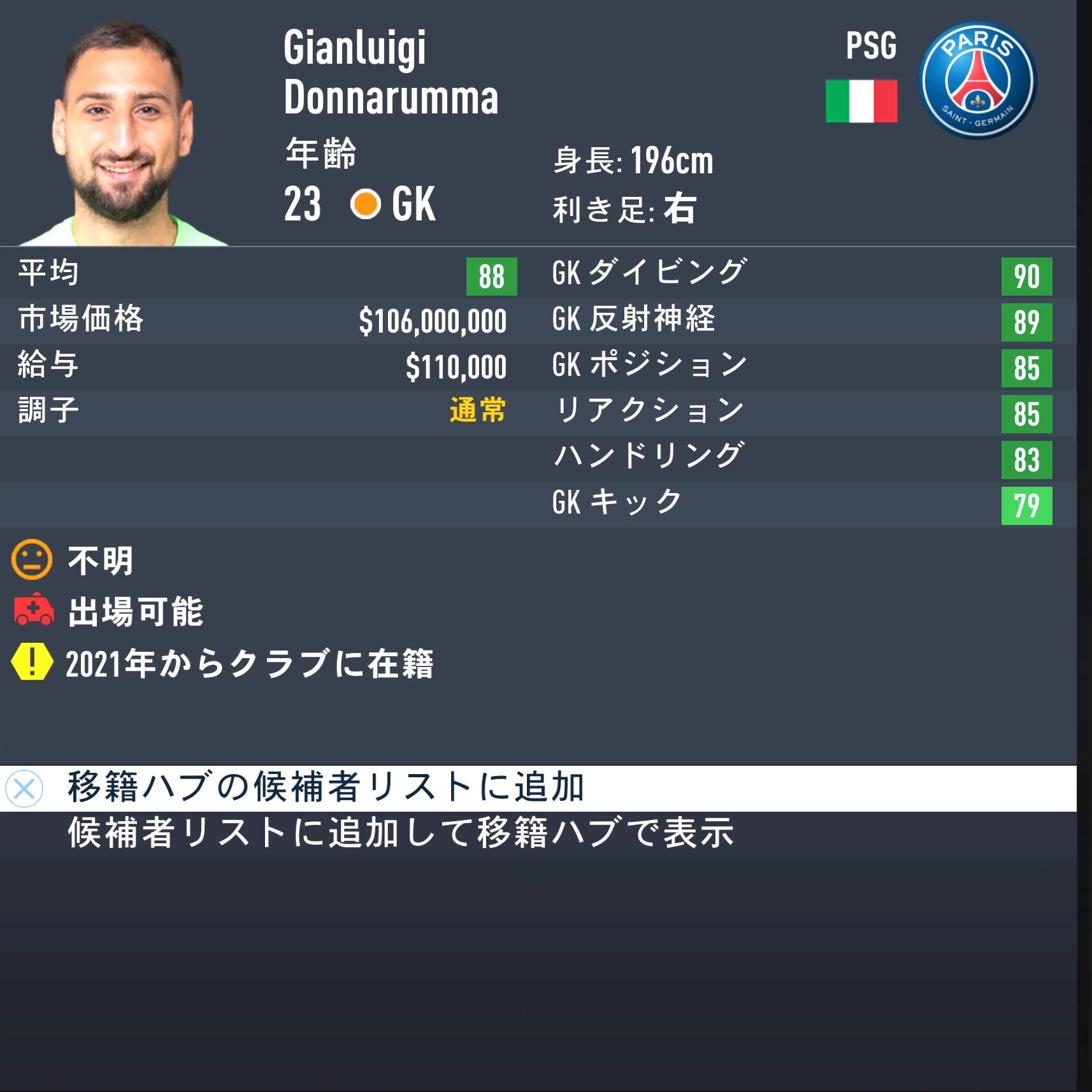 Gianluigi Donnarumma　FIFA23簡易ステータス 