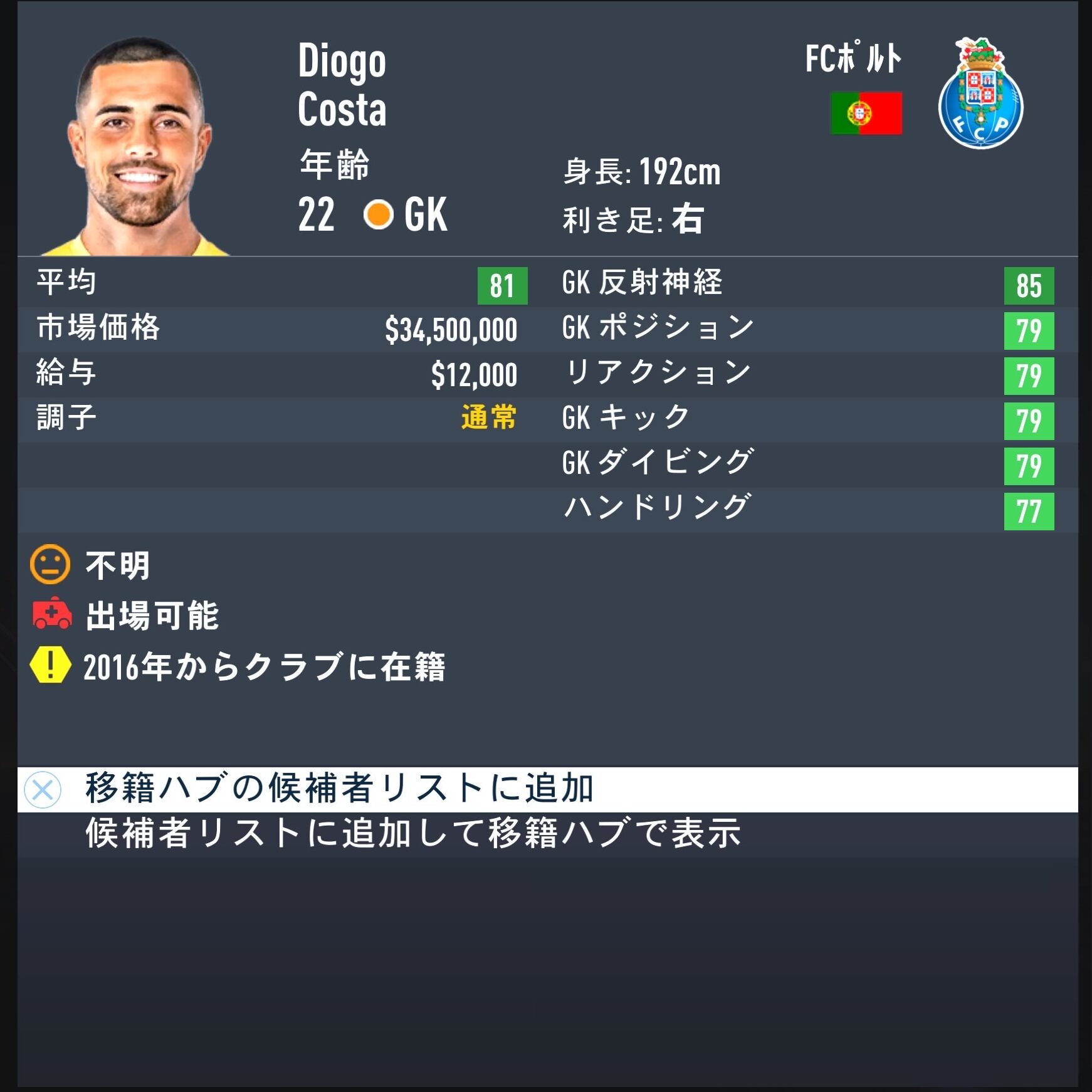 Diogo Costa　FIFA23簡易ステータス 